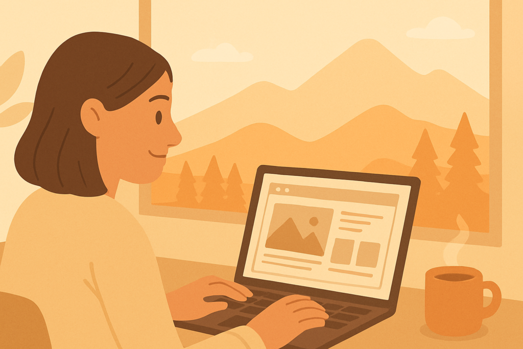 Illustration d'un webmaster d'une agence web en ariège, travaillant sur son ordinateur portable avec vue sur les montagnes de l'Ariège à travers une grande fenêtre, ambiance chaleureuse et tons doux