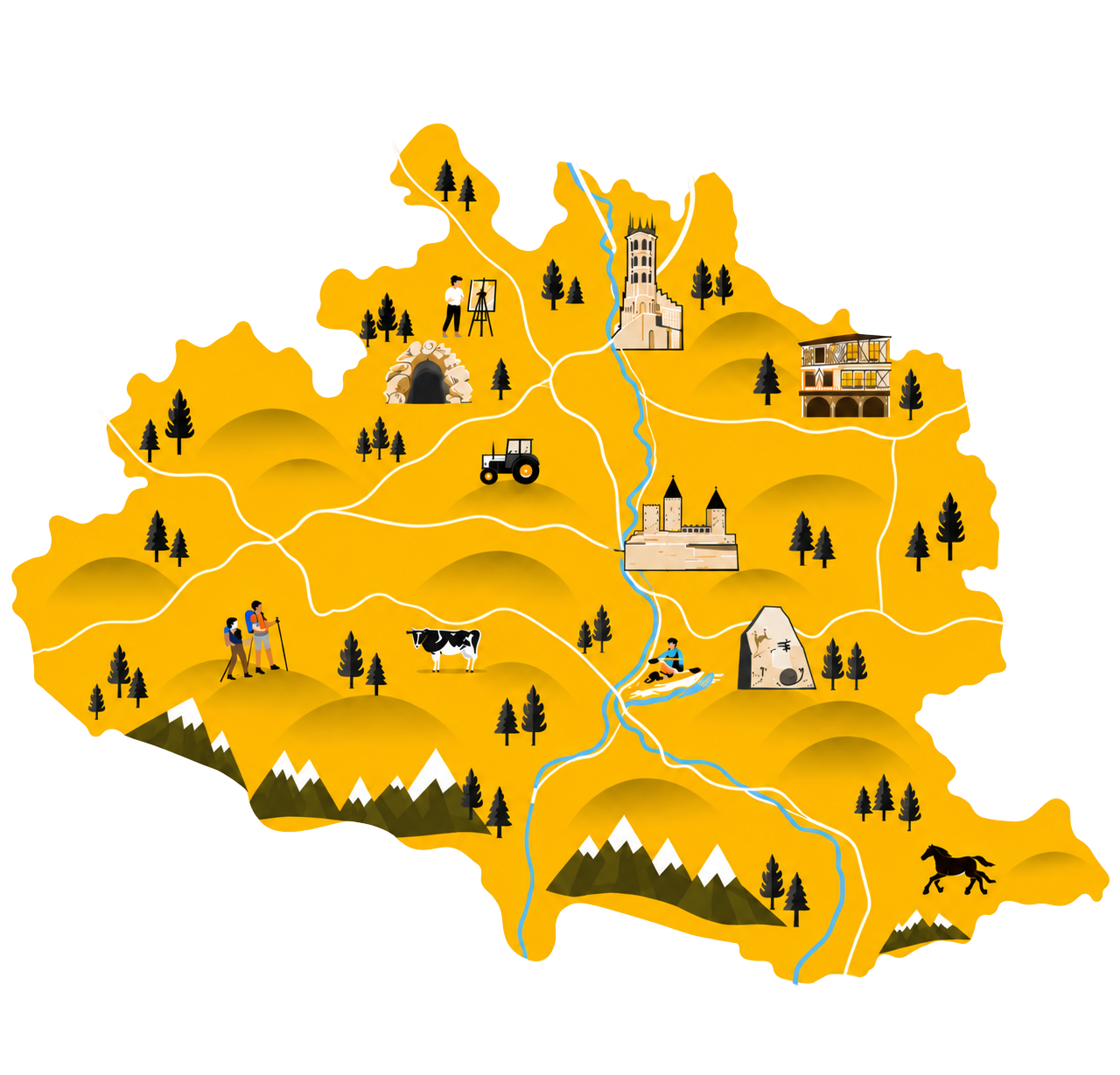 Carte illustrée du territoire d'intervention de Bou diu l'Agence en Ariège